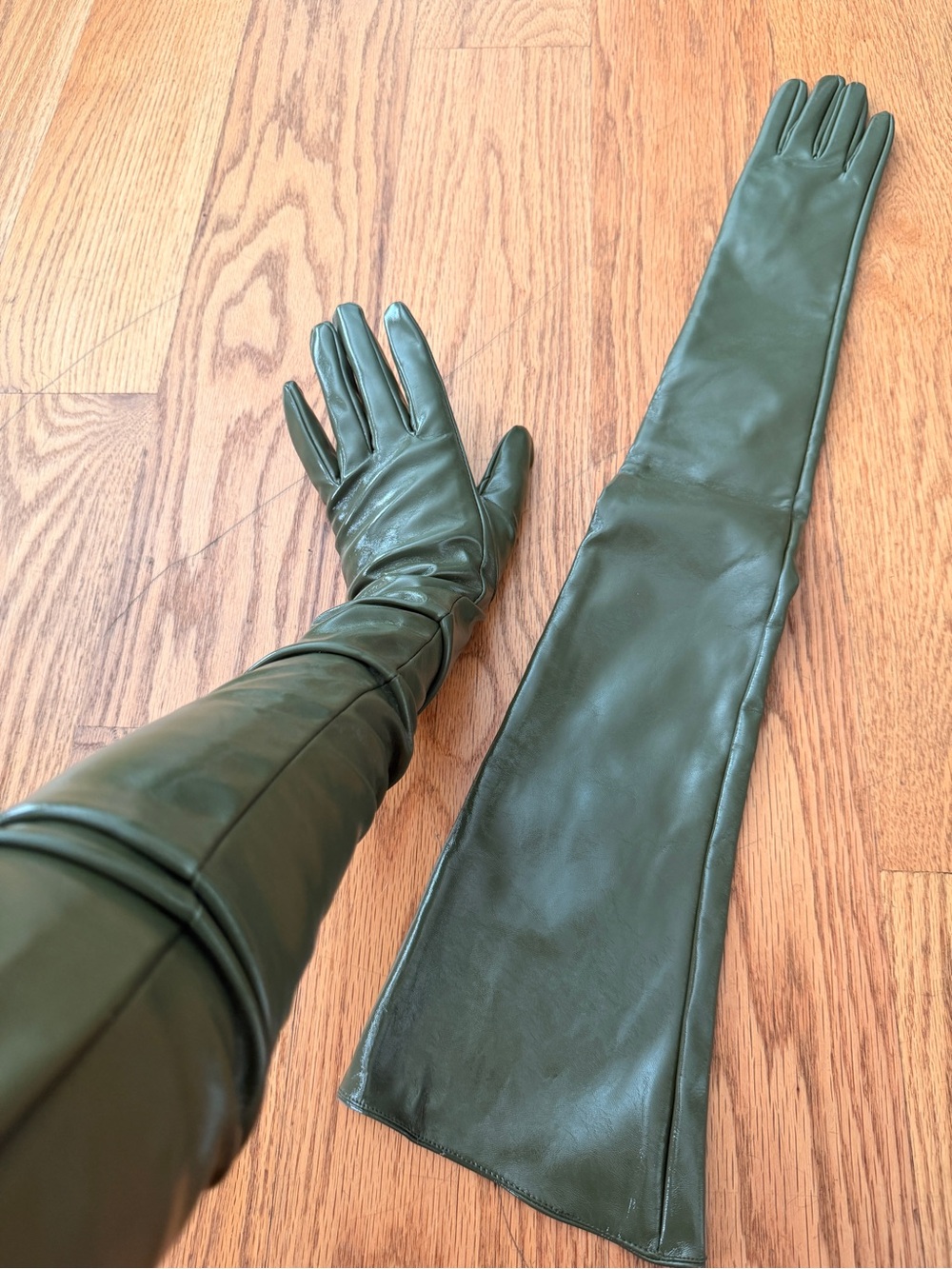 Long Military Green Leather Opera Gloves